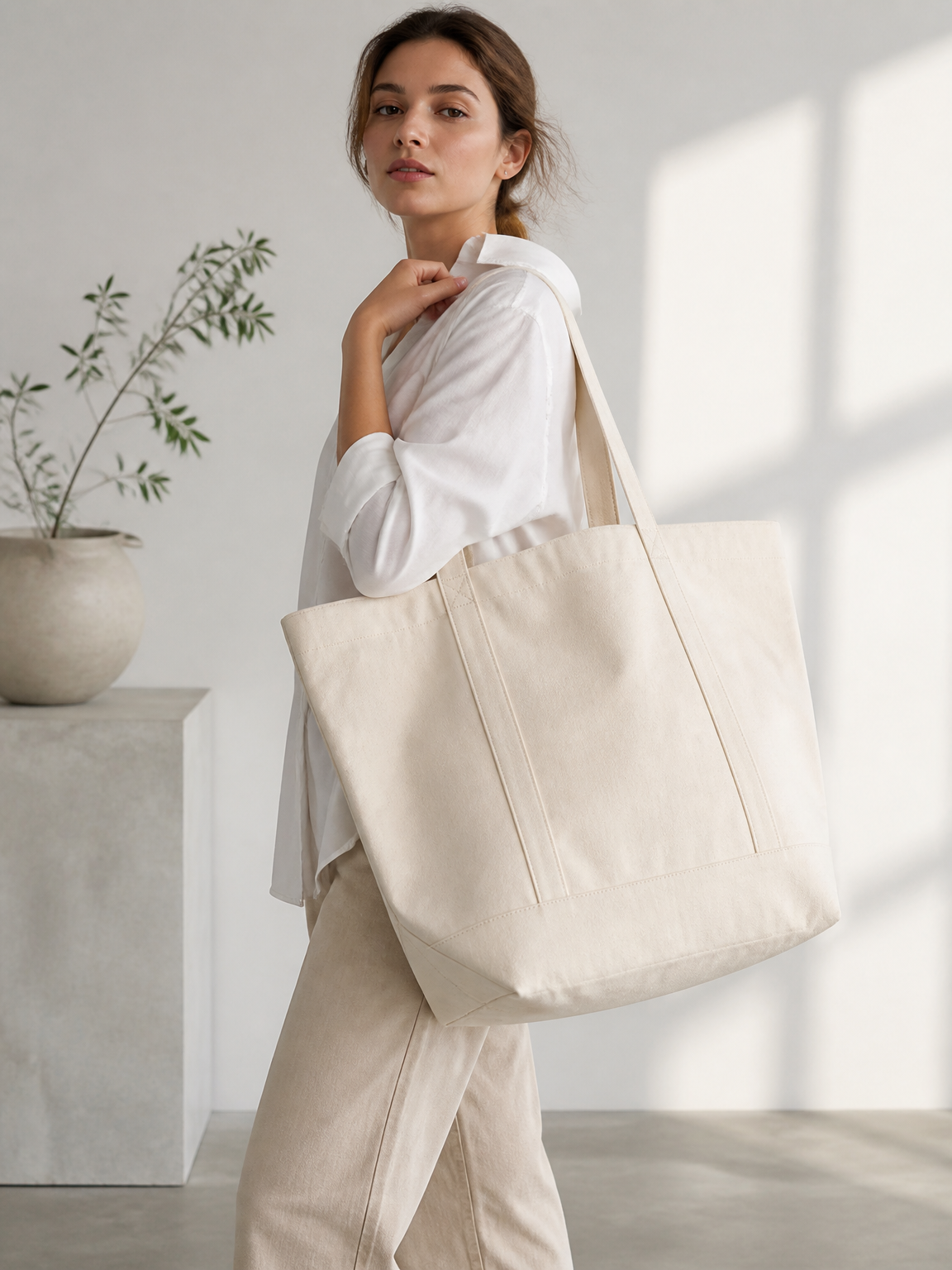 Model carrying a heavy-duty canvas tote