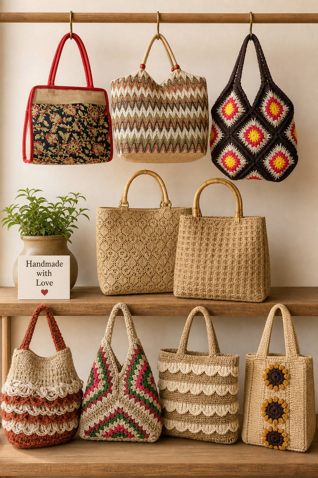 Collection of handmade jute and crochet bags on wooden shelves