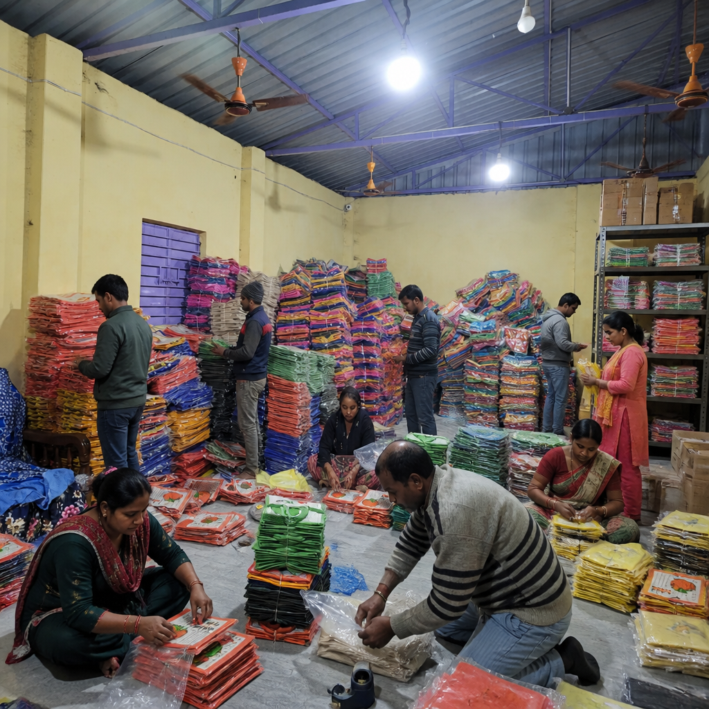 Artisans cutting raw jute fabric for bag production